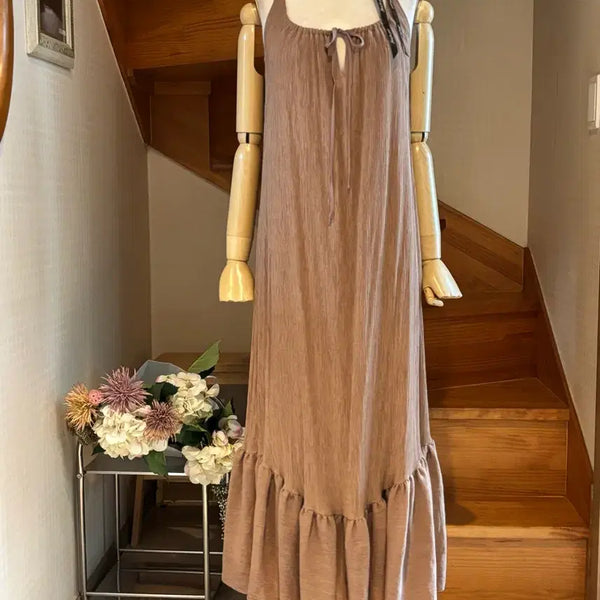 [BUNJANG] Beige Frill Strappy Maxi Dress / 맥시 원피스 베이지색 프릴 끈나시