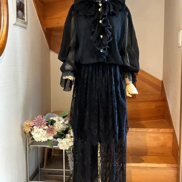 [BUNJANG] Chiffon Lace Frill Blouse Skirt Set / 쉬폰 레이스 프릴 블라우스 스커트 세트