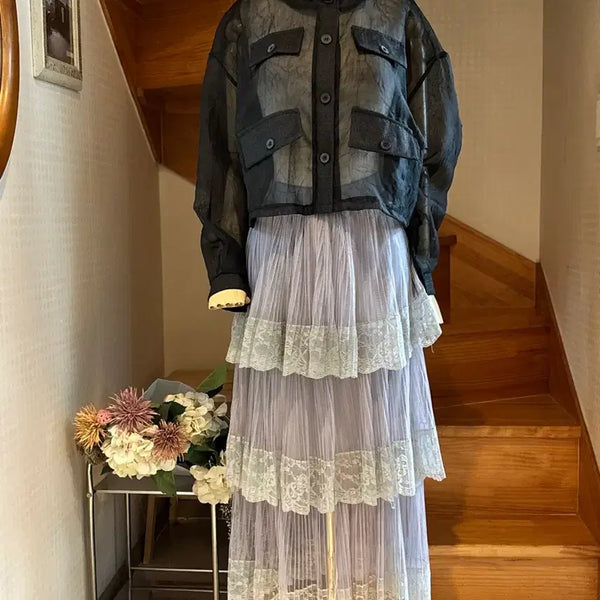 [BUNJANG] Black See-Through Crop Jacket & Grey Lace Tiered Skirt Set / 블랙 시스루 크롭 자켓 / 그레이 레이스 캉캉 스커트.