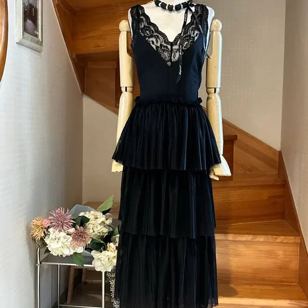 [BUNJANG] Black Lace Tiered Maxi Dress / 블랙 레이스 캉캉 원피스