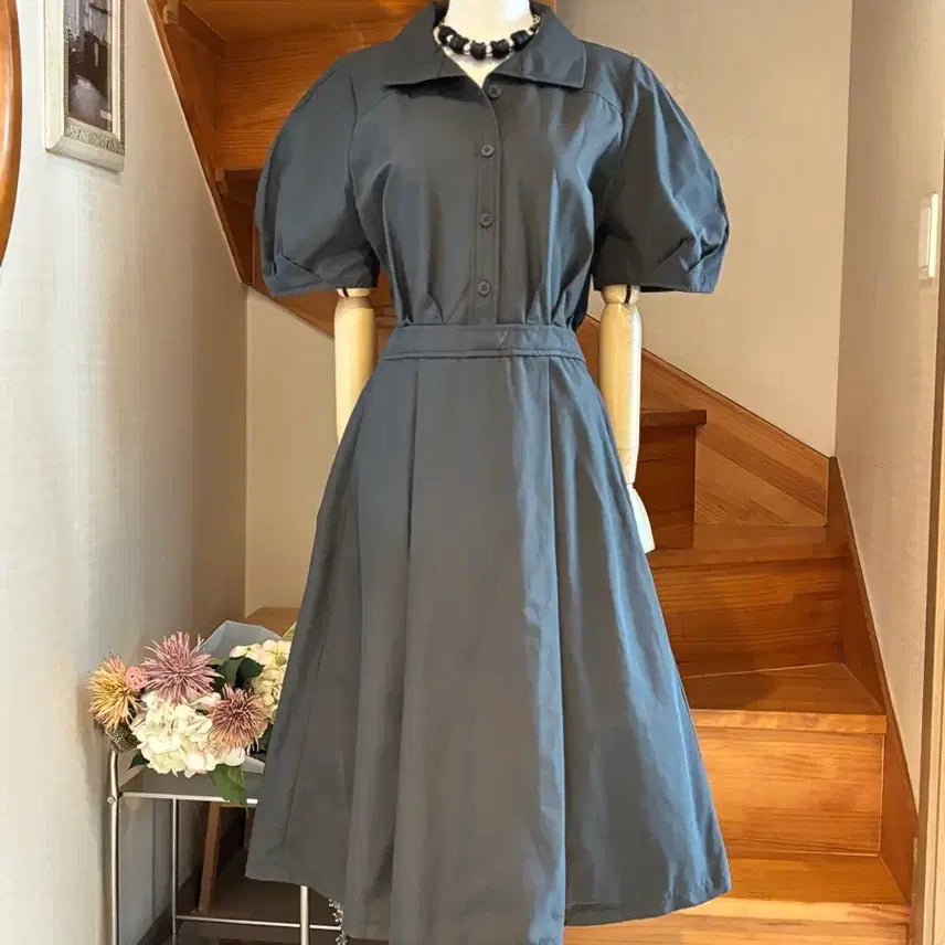 [BUNJANG] Moneta Long Dress Gray Puff Sleeve Button Detail / Moneta