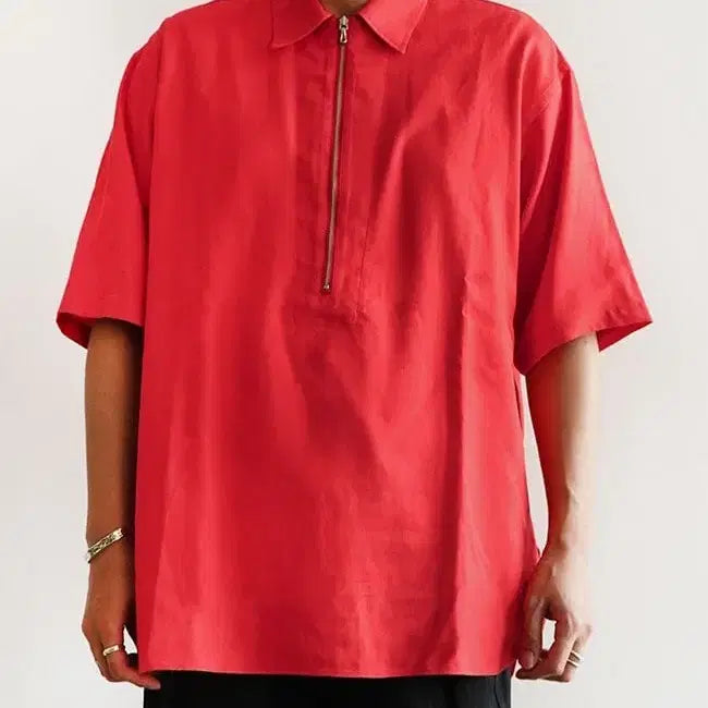 [BUNJANG] ULTERIOR 25SS Rayon Linen Twill Half-Zip Shirt Red Size 4 / 25ss 울테리어 레이온 리넨 트윌 하프집 셔츠 레드 4사이즈