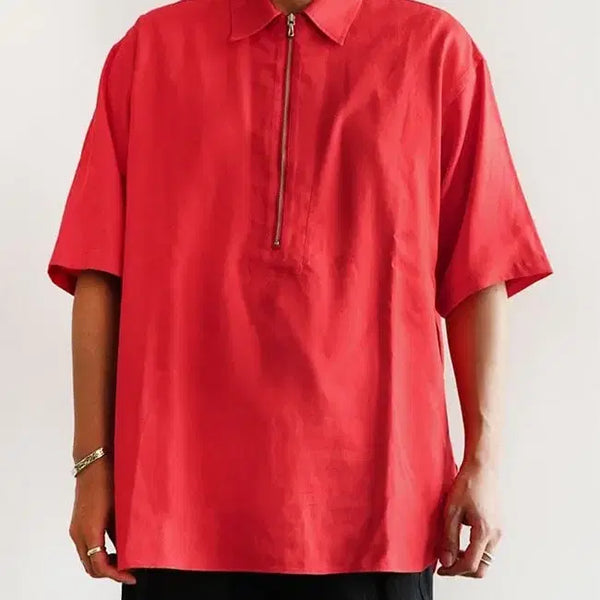 [BUNJANG] ULTERIOR 25SS Rayon Linen Twill Half-Zip Shirt Red Size 4 / 25ss 울테리어 레이온 리넨 트윌 하프집 셔츠 레드 4사이즈
