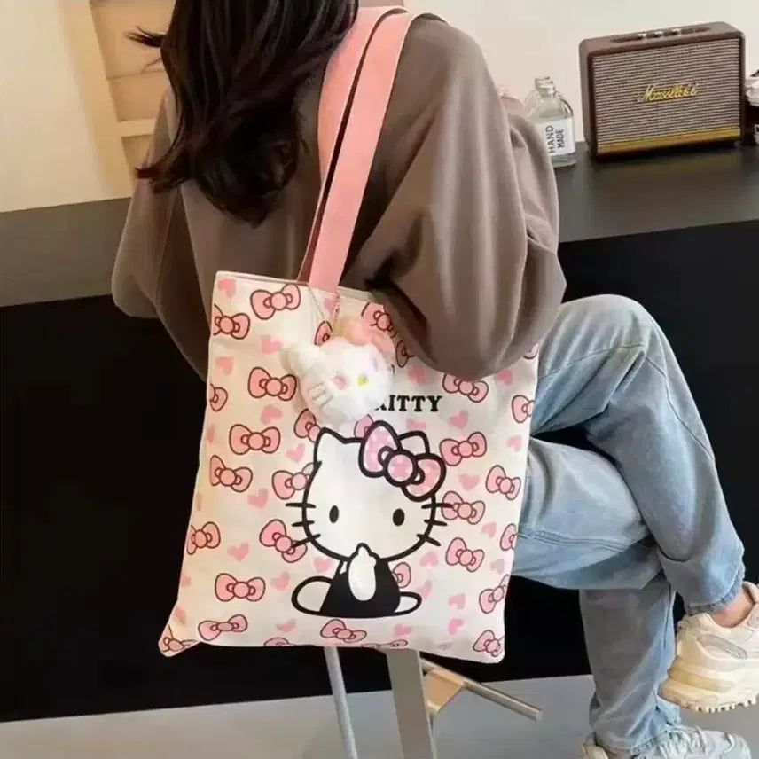 [BUNJANG] Sanrio Hello Kitty Pink Ribbon Heart Pattern Eco Bag Shoulder Tote Bag / 수입 산리오 핑크 리본 하트 패턴 헬로키티 에코백 숄더 토트 가방