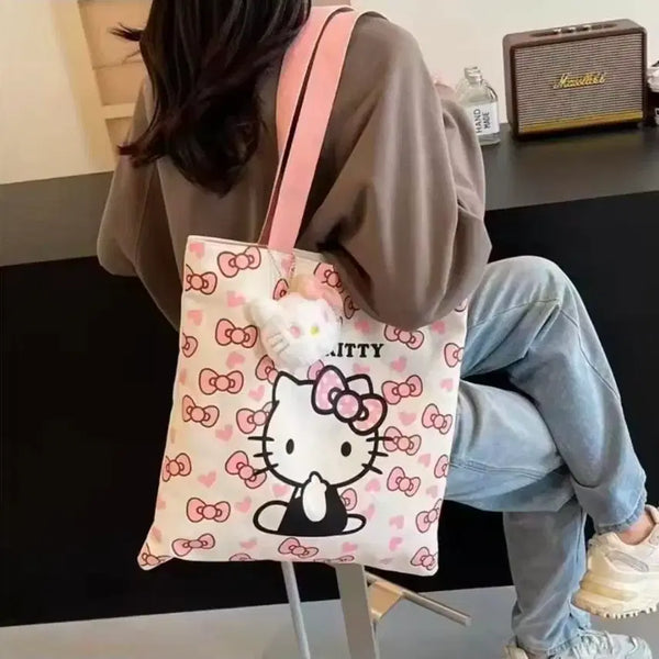 [BUNJANG] Sanrio Hello Kitty Pink Ribbon Heart Pattern Eco Bag Shoulder Tote Bag / 수입 산리오 핑크 리본 하트 패턴 헬로키티 에코백 숄더 토트 가방