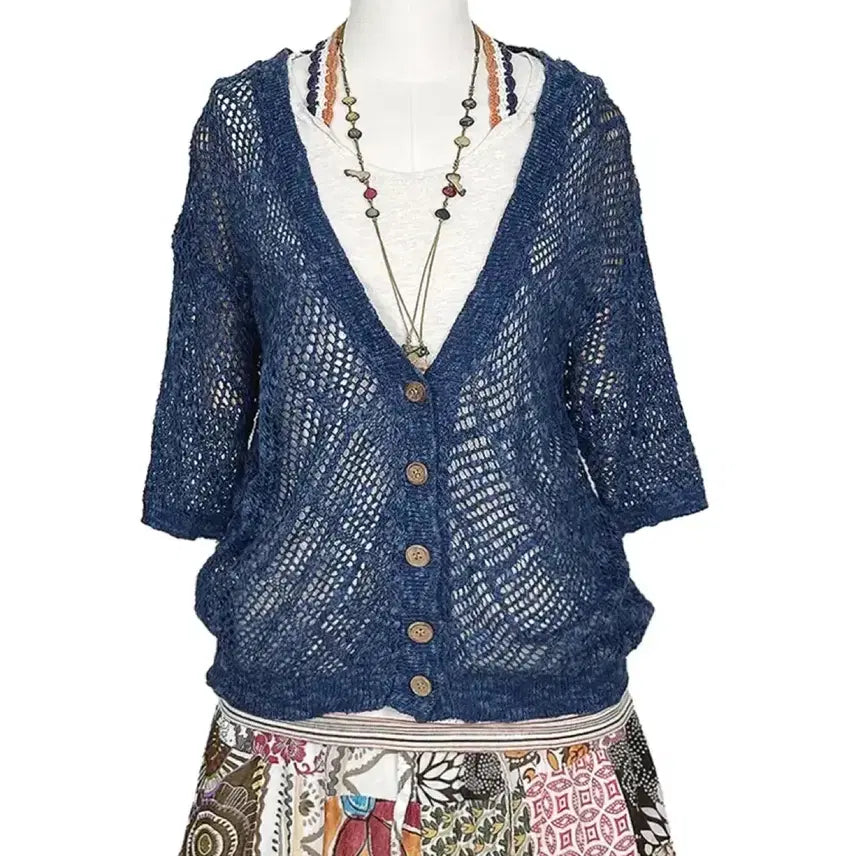 [BUNJANG] Vintage Linen Blend Net Punching Oversized Cardigan Dark Blue / 일본빈티지 린넨혼방 그물펀칭 오버가디건 다크블루모리걸갸루y2k히피에스닉