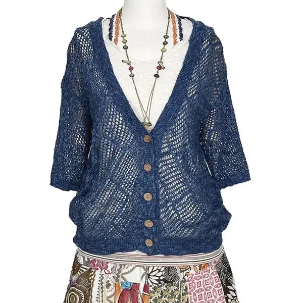 [BUNJANG] Vintage Linen Blend Net Punching Oversized Cardigan Dark Blue / 일본빈티지 린넨혼방 그물펀칭 오버가디건 다크블루모리걸갸루y2k히피에스닉