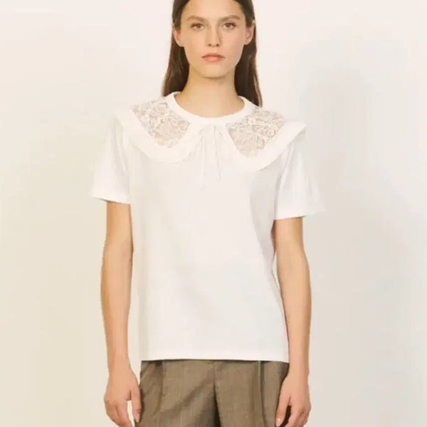 [BUNJANG] Sandro Lace Big Collar Short-Sleeve T-Shirt / 산드로 레이스 시스루 빅카라 티셔츠