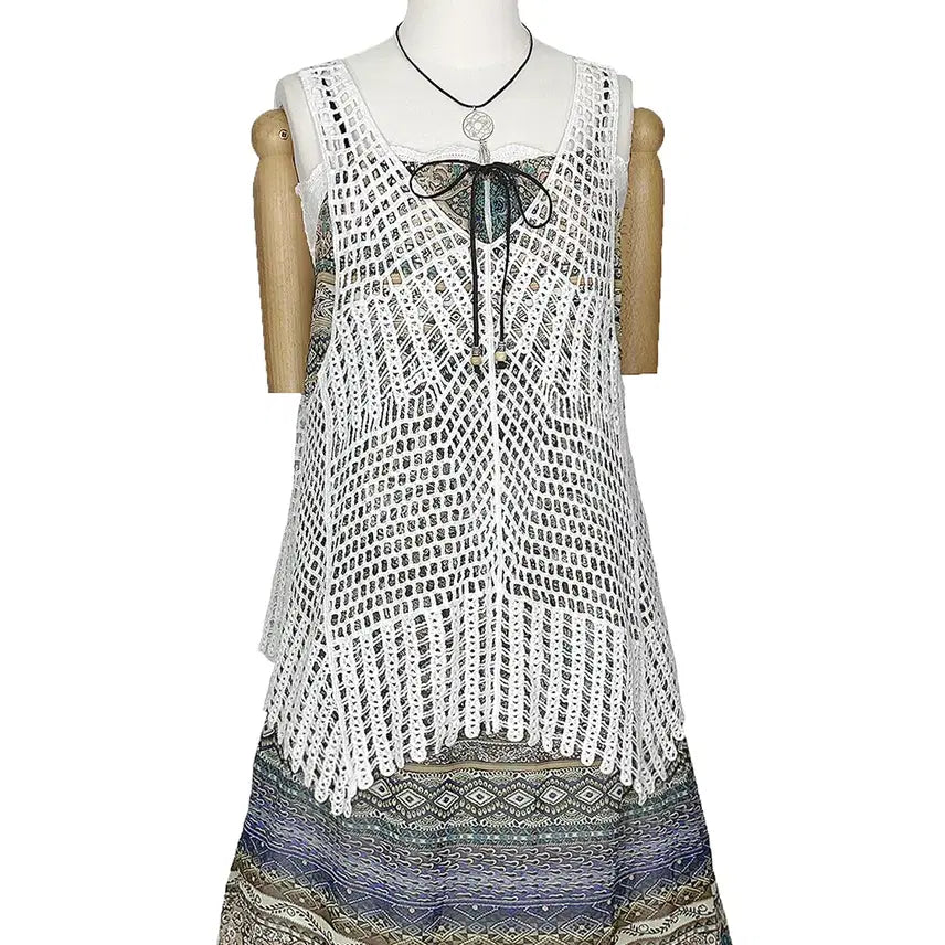 [BUNJANG] Vintage Japanese Asymmetric Net Knit Vest White / 일본빈티지 언발 그물뜨개 조끼나시베스트 화이트 모리걸갸루y2k히피에스닉