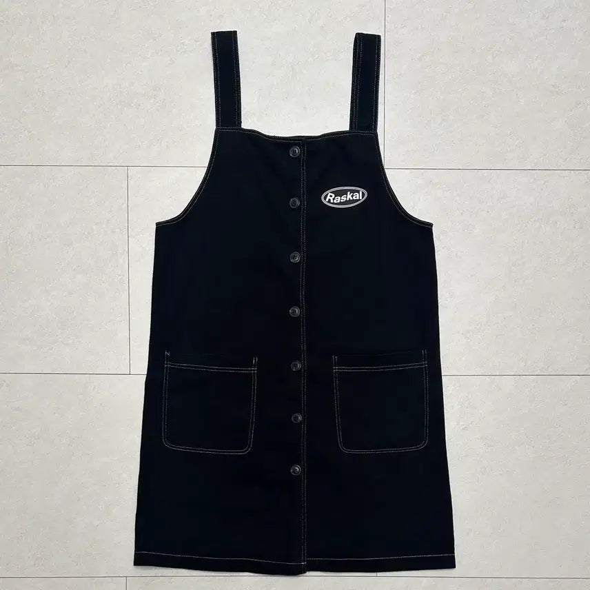 [BUNJANG] RASKAL WAVE Button Overalls Dress / 래스칼 버튼 원피스 스티치 오버롤 블랙 검정 멜빵 치마