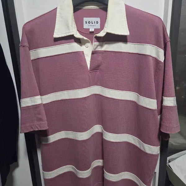 [BUNJANG] Solid Homme Striped Collar T-Shirt Pink / 솔리드옴므 단가라 카라티 핑크