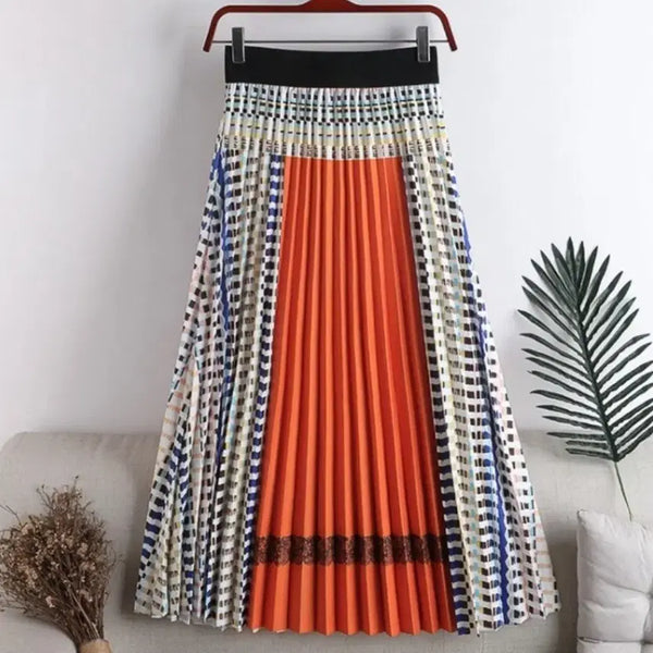 [BUNJANG] Imported Color Block Pleated Long Skirt - Orange Accent / [새상품] 수입 배색 플리츠 롱스커트 / 오렌지 포인트 / 체형커버 / 여름강추