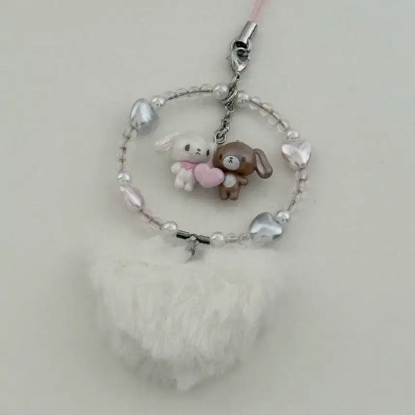 [BUNJANG] Sugarbunnies Fuwa Fuwa Heart Faux Fur Charm Strap (Kurousa, Shirousa) / 슈가바니즈 후와후와 하트 퍼 키링 스트랩 쿠로우사 시로우사