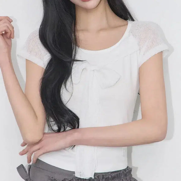 [BUNJANG] IlliGo Lace Ribbon Color Block T-Shirt White / 새상품) 일리고 레이스 리본 배색 티셔츠 화이트