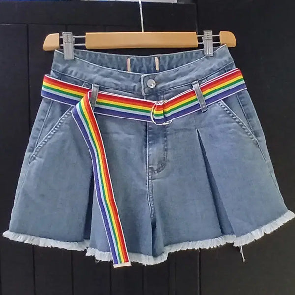 [BUNJANG] Romancic Denim Shorts Rainbow Belt / 로맨시크 데님 반바지(미착용)