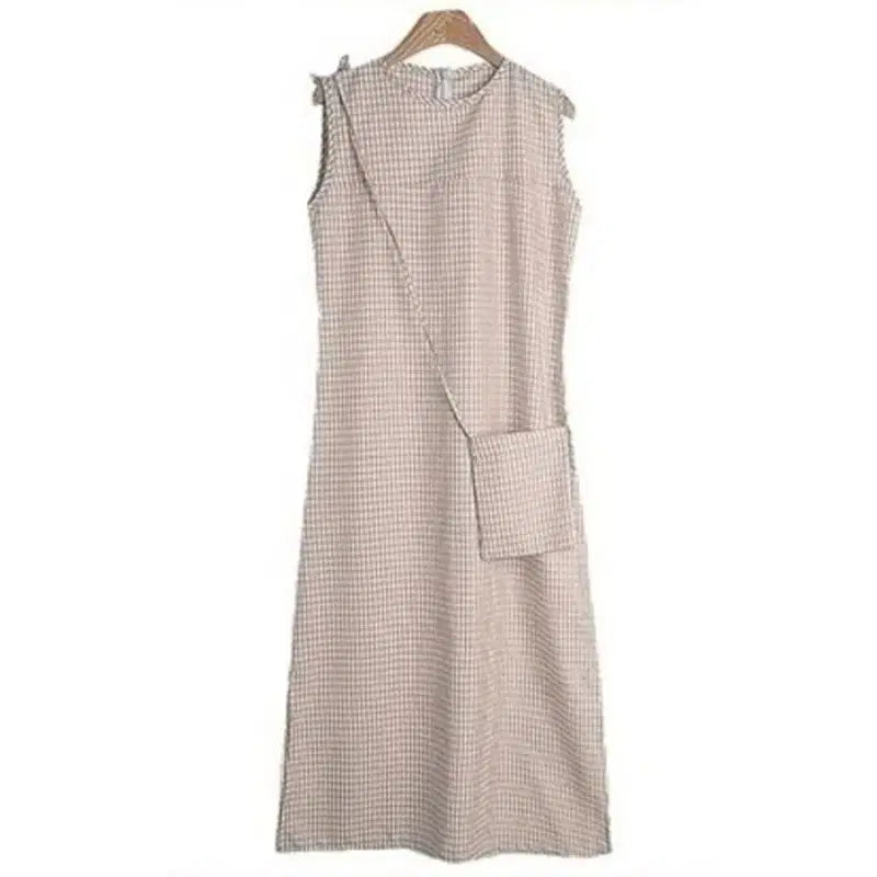 [BUNJANG] Check Sleeveless Long Dress - Light Brown / [새상품]체크 민소매 롱 원피스/연브라운
