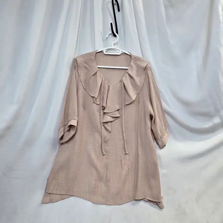 [BUNJANG] Women's Beige Rayon Frill 5-Sleeve T-Shirt / 베이지여성 레이온프릴앞끈5부반팔F