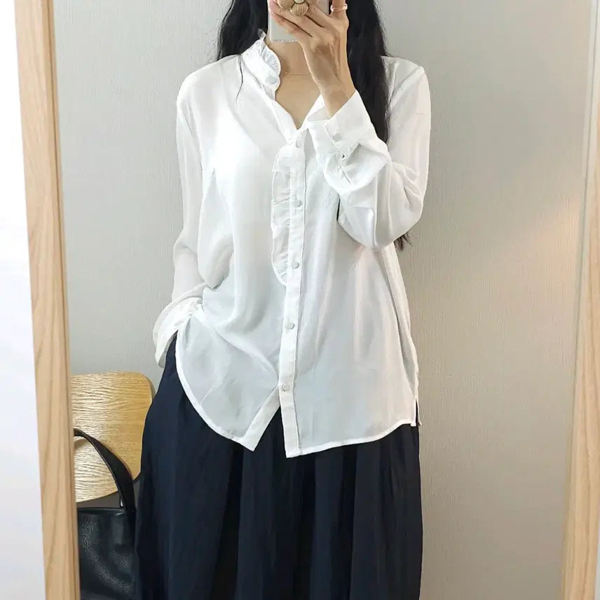 [BUNJANG] ab.plus Women's Frill Long Sleeve Shirt Blouse / (M)ab.plus 여성 긴팔 셔츠 블라우스 프릴 J9W4407