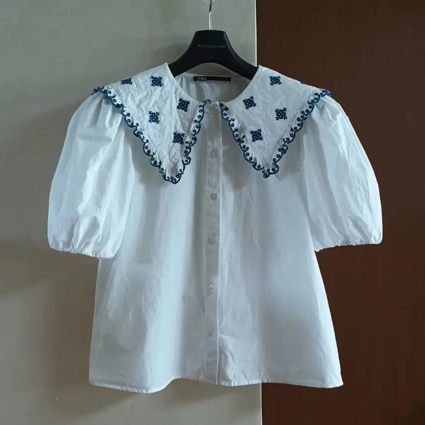 [BUNJANG] Zara Sailor Collar Puff Sleeve Blouse / 자라 화이트  세일러 카라 퍼프 소매 블라우스