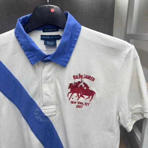 [BUNJANG] Polo Ralph Lauren Big Pony Embroidered Polo Shirt White Blue / 폴로 랄프로렌 빅포니 말 자수 반팔 카라티 화이트 블루