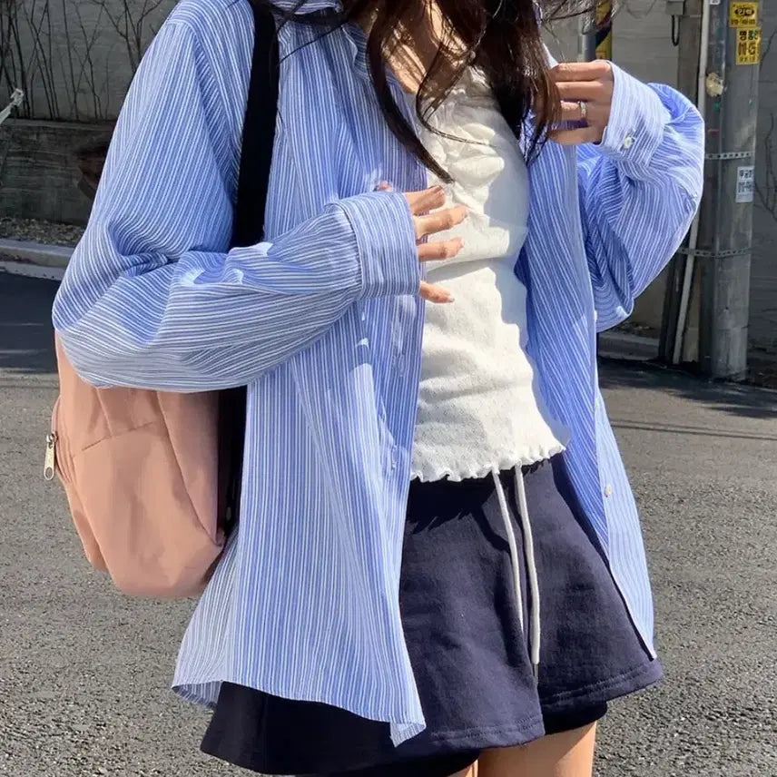 [BUNJANG] Blue Stripe Loose Fit Shirt / 블루 스트라이프 루즈핏 셔츠