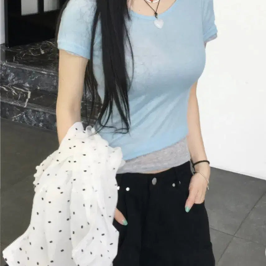 [BUNJANG] RICOOR Peach See-through Layered Short Sleeve T-shirt (Sky Blue/Ivory) / 릿코어 피치 시스루 레이어드 반팔 소라/아이보리