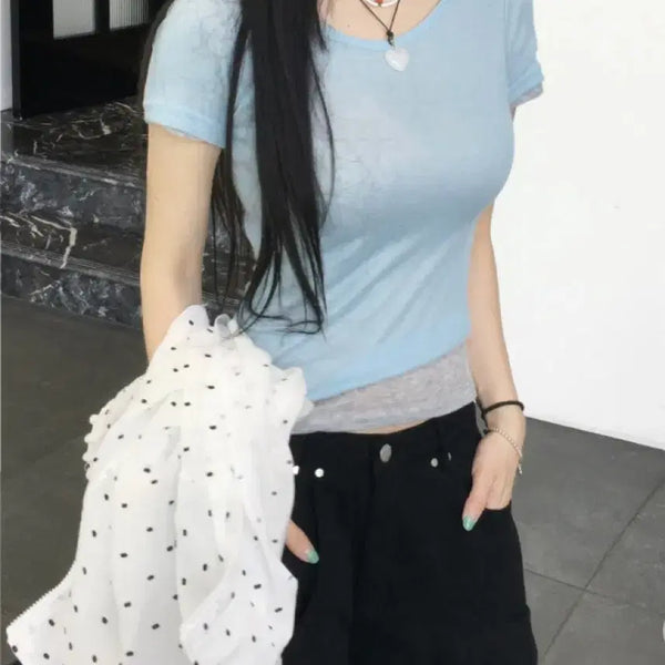 [BUNJANG] RICOOR Peach See-through Layered Short Sleeve T-shirt (Sky Blue/Ivory) / 릿코어 피치 시스루 레이어드 반팔 소라/아이보리