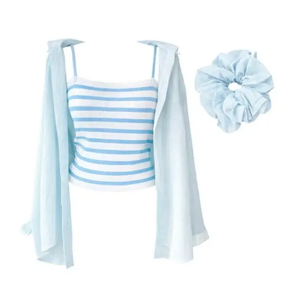 [BUNJANG] Frichel 3pc Stripe Tank Top + Long Shirt + Scrunchie Set / 에이블리 프리첼 3pc 스트라이프 나시+롱셔츠+곱창밴드 세트