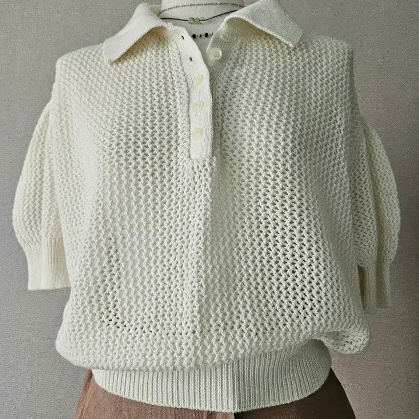 [BUNJANG] Ivory Knit Short Sleeve Polo T-Shirt / 아이보리 니트 반팔 카라 티셔츠