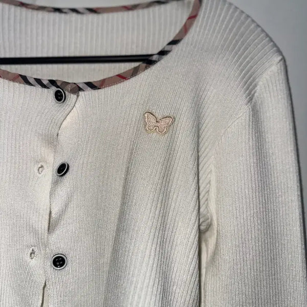 [BUNJANG] Checkered Color-Block Butterfly Brooch Cardigan - Ivory / 체크 배색 나비 브로치 가디건 아이보리