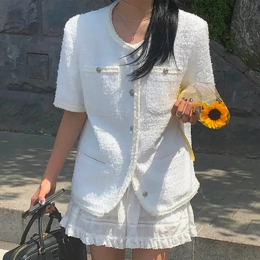 [BUNJANG] The OU Overfit Half Sleeve Tweed Jacket (White) / 더오유 오버핏 트위드 자켓 OVERFIT TRIMMING HALF SLEEVE TWEED JACKET (WHITE)
