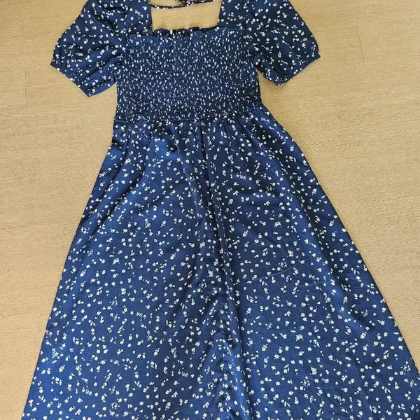[BUNJANG] Blue Smoking Long Dress with Floral Pattern / 블루 스모킹 원피스