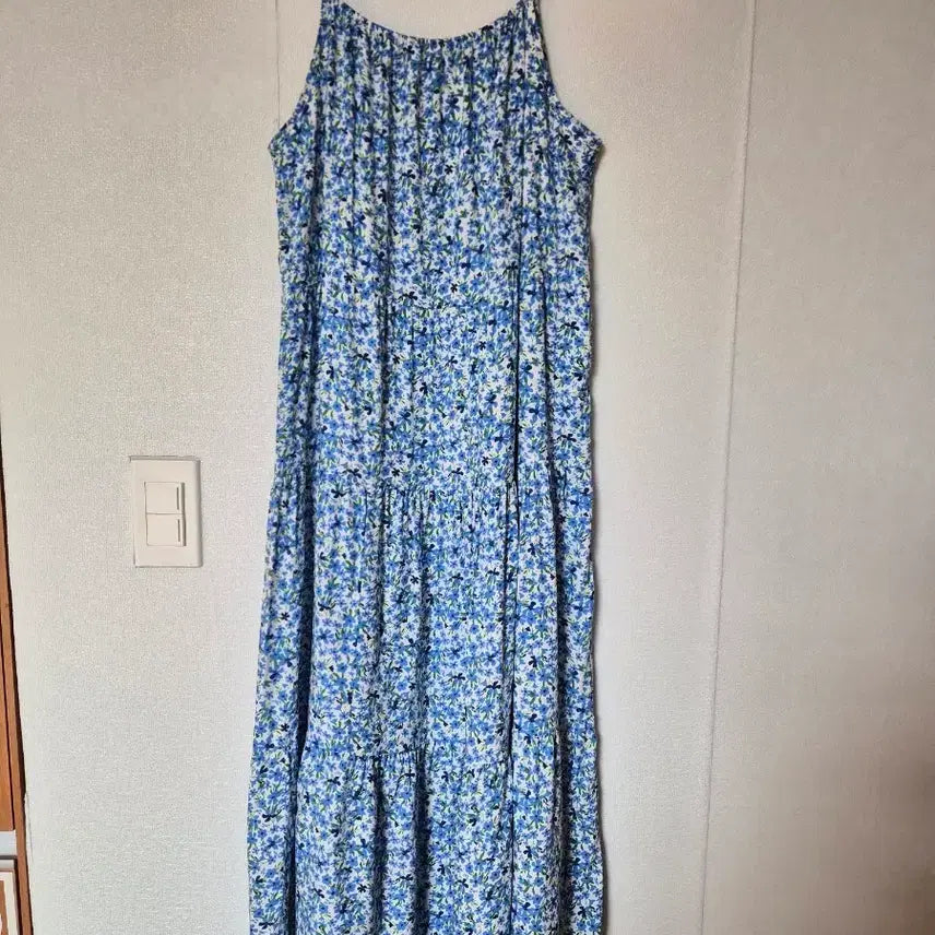 [BUNJANG] Floral Print Long Sleeveless Maxi Dress / 꽃무늬 롱 원피스 하늘색