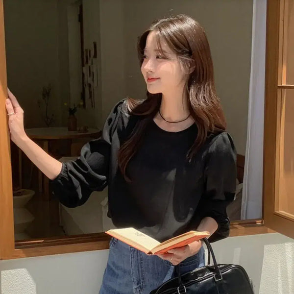 [BUNJANG] Shop Round Chiffon Blouse Black / 쇼프 라운드 쉬폰 블라우스 블랙 (하객룩/출근룩/데이트룩/레이어드블라우스/여름블라우스/셔링블라우스/여름하객룩)
