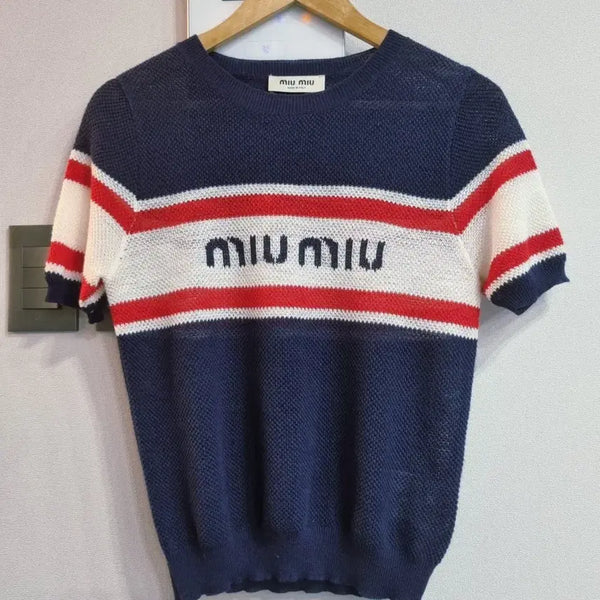 [BUNJANG] Miu Miu Striped Short-Sleeve Knit Top / 40/ 미우미우 배색 반팔 니트