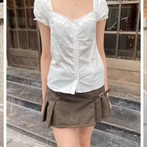 [BUNJANG] Brandy Melville White Lace Short Sleeve Blouse / 브랜디멜빌 화이트 레이스 반팔 블라우스