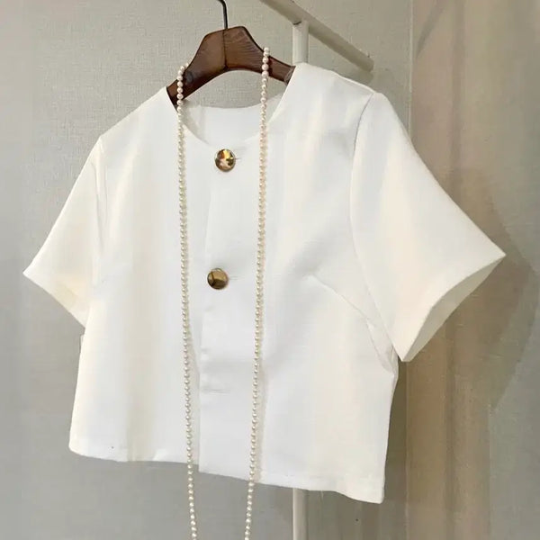 [BUNJANG] Linen Round Neck Sleeveless Cropped Jacket / 화이트반팔 린넨여름 여자크롭 노카라라운드넥 자켓