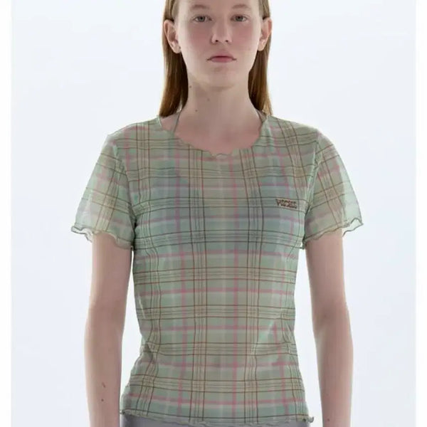 [BUNJANG] PISCES Mint Check Mesh T-shirt Cover-up / 파이시스 민트 체크 매쉬 티셔츠 커버업