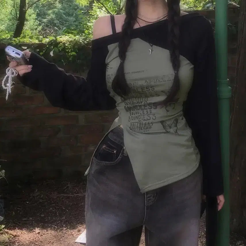 [BUNJANG] Holy June Asymmetric Slit Color-Block Off-Shoulder Top Khaki / 에이블리 홀리 쥬니 언발 트임 배색 오프숄더 오프티 원숄더티 카키색