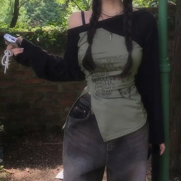 [BUNJANG] Holy June Asymmetric Slit Color-Block Off-Shoulder Top Khaki / 에이블리 홀리 쥬니 언발 트임 배색 오프숄더 오프티 원숄더티 카키색
