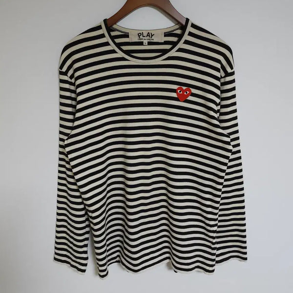 [BUNJANG] Comme des Garçons Men's Striped Long Sleeve T-Shirt with Heart Appliqué / [L] 꼼데가르송 남성 스트라이프 긴팔티 하트와펜 남자 긴팔 티셔츠 AZ-T164