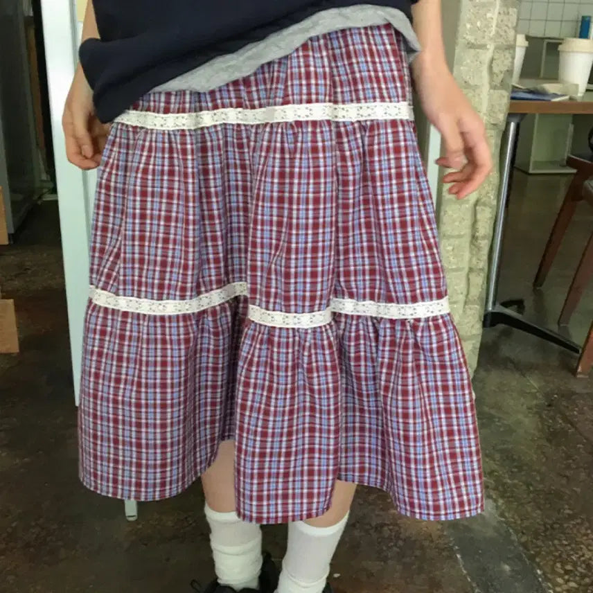 [BUNJANG] Baon House Yanbi Check Lace Banding Midi Skirt / 바온하우스 얀비 체크 레이스 밴딩 미디 스커트