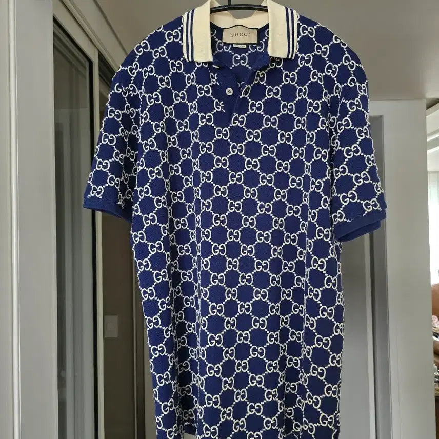 [BUNJANG] Gucci GG Logo Pattern Polo T-Shirt Navy L / 구찌 GG 로고 패턴 폴로티셔츠 네이비 L