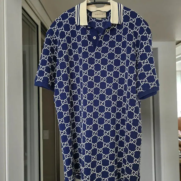 [BUNJANG] Gucci GG Logo Pattern Polo T-Shirt Navy L / 구찌 GG 로고 패턴 폴로티셔츠 네이비 L