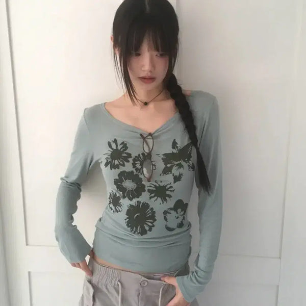 [BUNJANG] WonderWonder Flower Long Sleeve T-Shirt Mint / 에이블리 원더원더 플라워 티셔츠 민트