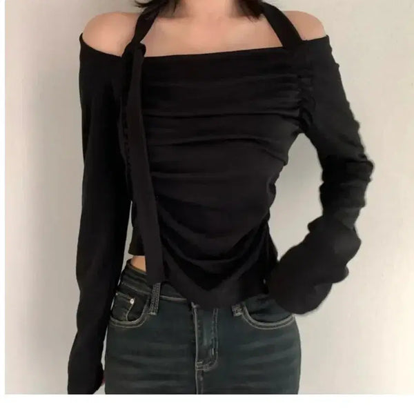 [BUNJANG] Ablu Muimarket Off-Shoulder Shirring Halter Neck Top / 에이블리 무이마켓 언발 셔링 홀터넥 기모 오프숄더