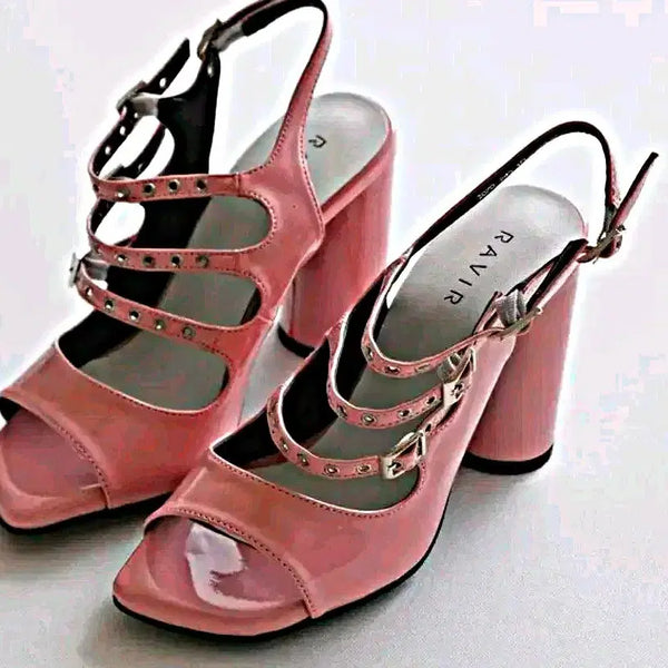 [BUNJANG] RAVIR Pink Studded Strap Platform High Heel Sandals / 라비아 핑크 스트랩 힐 샌들 통굽 킬힐 여성 구두 높은 굽 섹시 하이힐 에나멜 슈즈