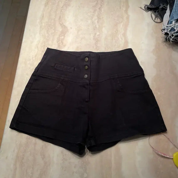 [BUNJANG] High-Waisted Three-Button Span Black Shorts Hotpants / 하이웨스트 쓰리버튼 스판 블랙 반바지 핫팬츠 숏팬츠