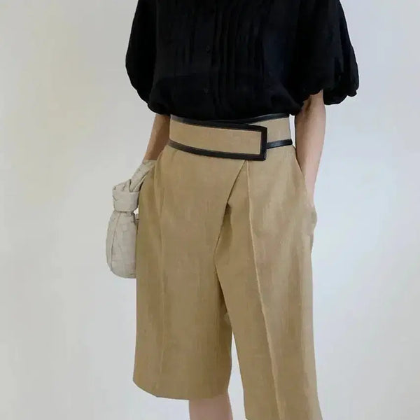 [BUNJANG] R2W Linen Bermuda Shorts Beige Velcro Belted Cropped Trousers / 레디투웨어 r2w 린넨 버뮤다 팬츠 베이지 벨크로 벨트 크롭 트라우저 5부 반바지 하이웨이스트 카프리