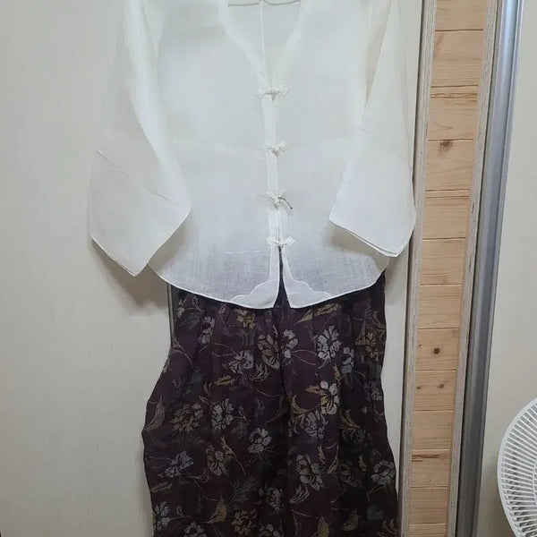 [BUNJANG] Korean Ramie Hanbok Set (White/Purple Floral) / 국산모시: 저고리 치마 세트 (화이트/퍼플 꽃무늬)